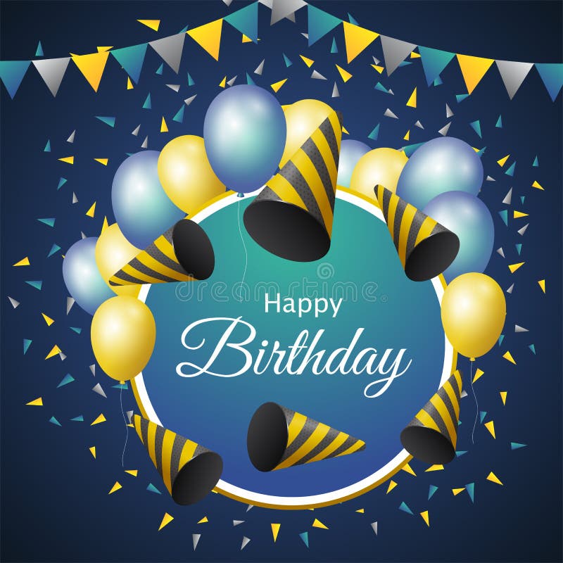 Happy Birthday Banner with Colorful Birthday Caps, Balloon and Flags on Blue Background Stock Vector - Illustration of banner, blue: 185729872 Happy Birthday Banner with Colorful Birthday Caps, Balloon and Flags on Blue Background Stock Vector - Illustration of banner, blue: 185729872