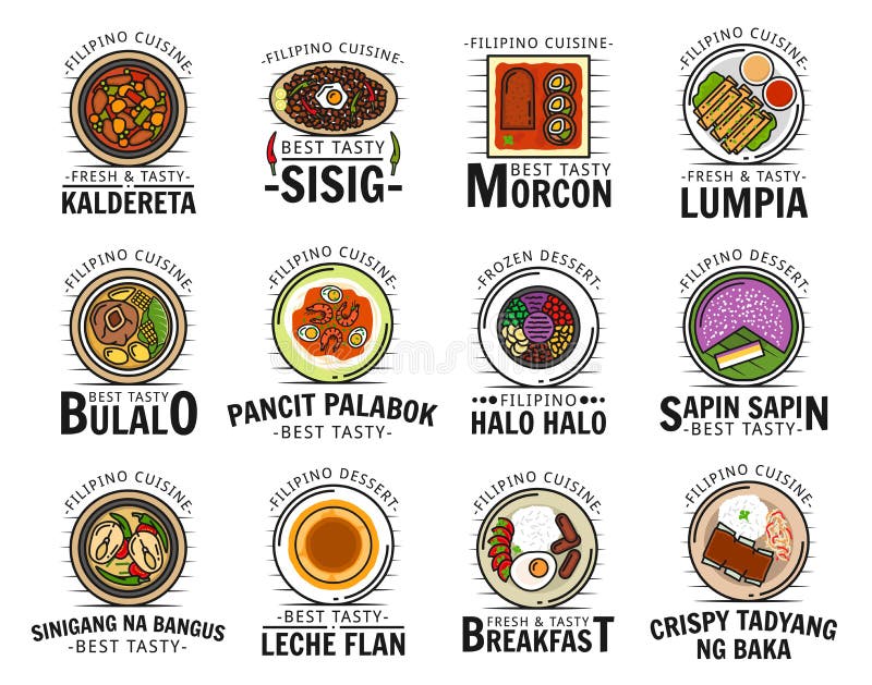 Filipino cuisine food isolated logos. Vector kaldereta and sisig, morcon lumpia, bulalo and pancit palabok, halo sapin, sinigang na bangus, leche flan, crispy tadyang bake meat dishes, pastry dessert. Filipino cuisine food isolated logos. Vector kaldereta and sisig, morcon lumpia, bulalo and pancit palabok, halo sapin, sinigang na bangus, leche flan, crispy tadyang bake meat dishes, pastry dessert