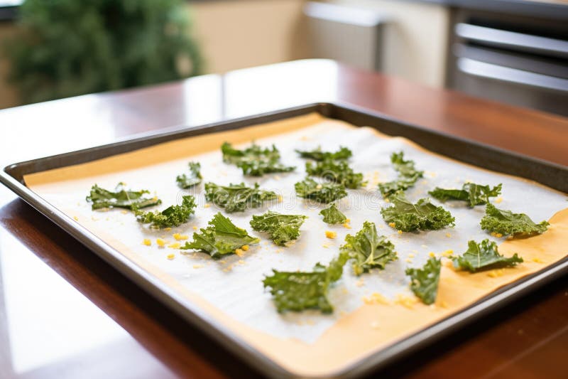 Așchii de kale pe o foaie de copt cu ulei de măsline royalty free stock photo