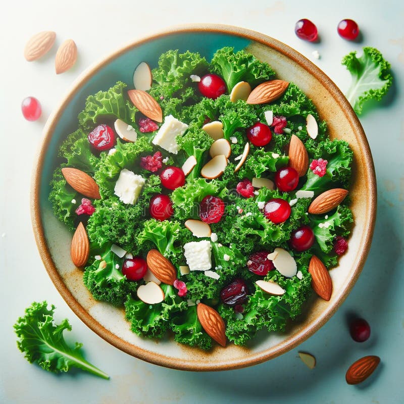 Kale Salad with Almonds, Cranberries, and Feta Cheese in a Stoneware