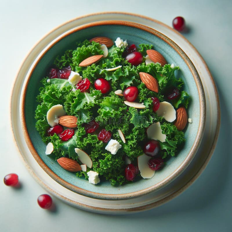 Kale Salad with Almonds, Cranberries, and Feta Cheese in a Stoneware