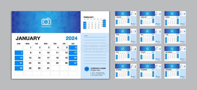 Kalendarz biurkowy 2024 szablon zestaw wektorowy tydzień zaczyna się niedziela zestaw 12 miesięcy kalendarz twórczy 2024 rok kalen royalty ilustracja