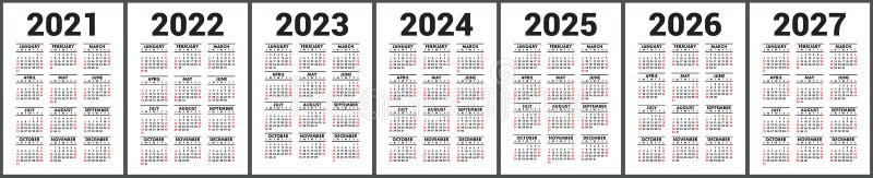 Kalendarz 2021 2022 2023 i 2024 2025 2026 i 2027. zbiór wektorów angielskich. pionowy szablon kalenera ściennego lub kieszonkowego ilustracji