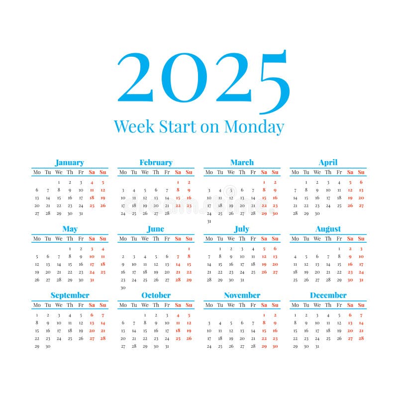 2025 Rok Rocznika Kalendarz Tygodnia Początek Na Poniedziałku