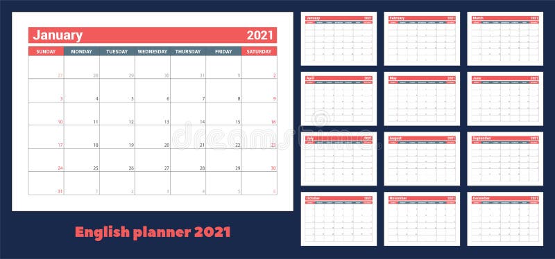 2021 kalendarz. szablon wektora kolorów angielskiego planera. tydzień zaczyna się w niedzielę. planowanie biznesowe. kalendarz now