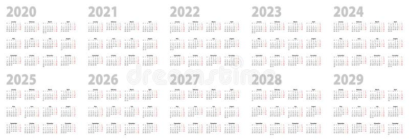 Kalendarz ustawiony na projekt podstawowy na 2020, 2021, 2022, 2023, 2024, 2025, 2026, 2027, 2028, 2029 lat Tydzień zaczyna się w ilustracja wektor