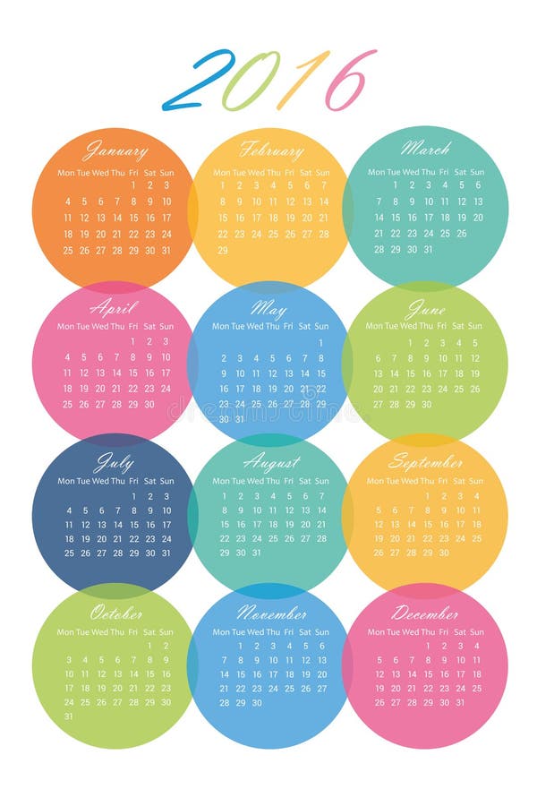 Kalender av 2016 i färgrika cirklar stock illustrationer Kalender av 2016 i färgrika cirklar stock illustrationer