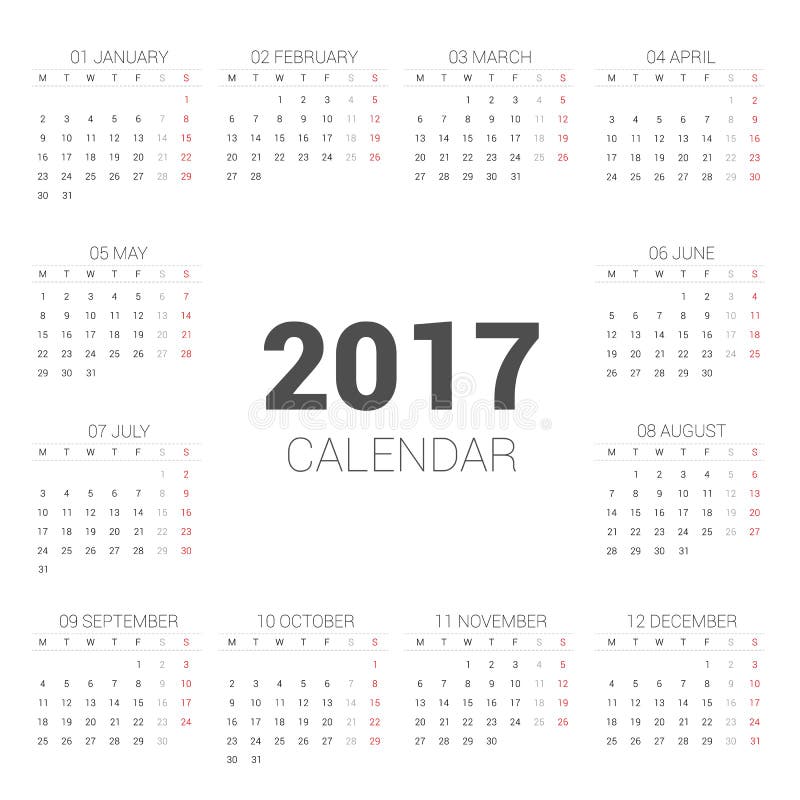 De Stijl Van Het Kalender 2017 Jaar De Week Begint Maandag Vector Illustratie - Illustration of organisator, creatief: 79033782
