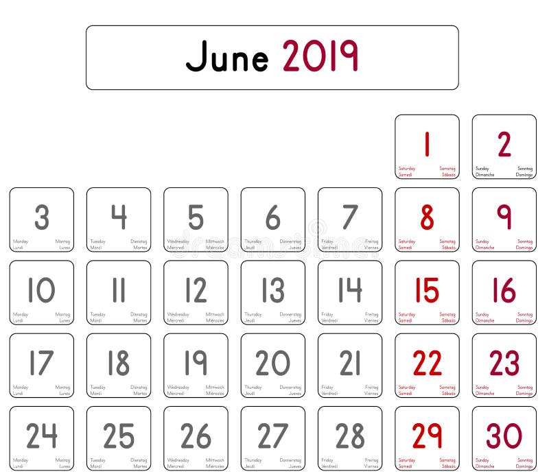 Kalender Des Monats Vom Juni 2019 Vektor Abbildung - Illustration von