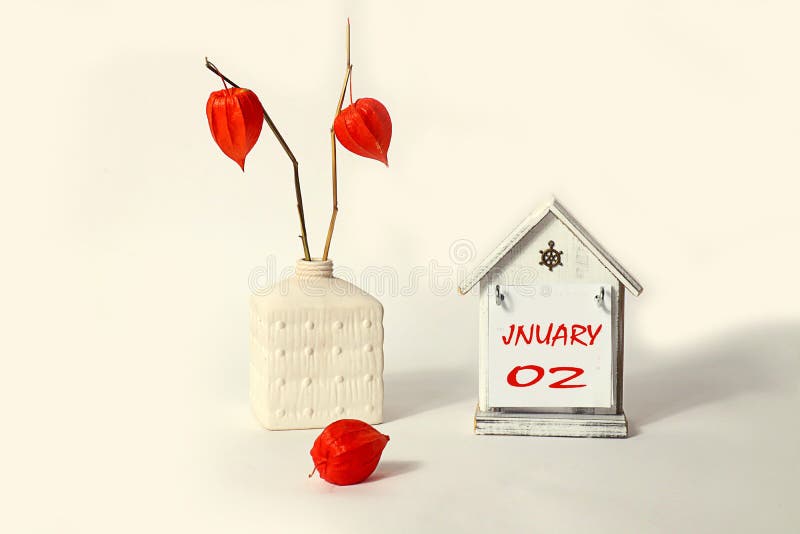 Calendar for January 2: a decorative house with the name of the month January in English, the numbers 02 are written on it, a bouquet of physalis in a square vase, a light background. Calendar for January 2: a decorative house with the name of the month January in English, the numbers 02 are written on it, a bouquet of physalis in a square vase, a light background.
