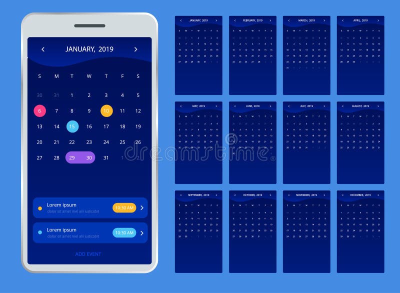 Kalender 2019 för telefon Vektorkalender för 2019 år Uppsättning av 12 kalendersidor Färgrik uppsättning Veckastarter på söndag stock illustrationer Kalender 2019 för telefon Vektorkalender för 2019 år Uppsättning av 12 kalendersidor Färgrik uppsättning Veckastarter på söndag stock illustrationer