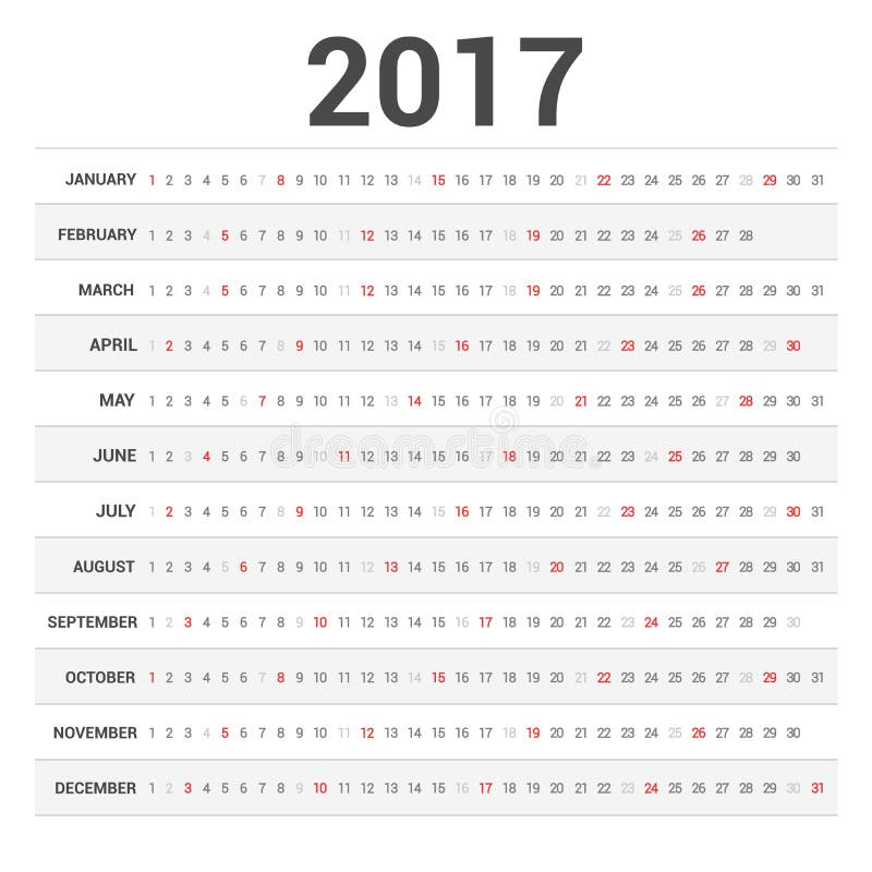 opgroeien lus jurk Kalender 2017 in Horizontaal Ontwerp Vector Illustratie - Illustration of  januari, maand: 79035022