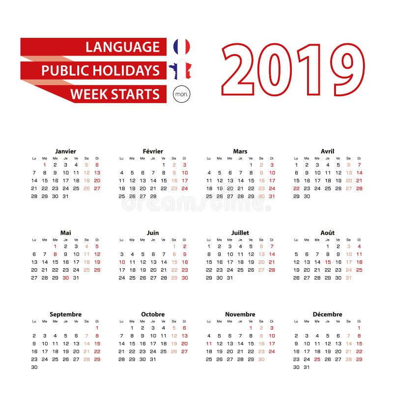 Kalender 2019 i franskt språk med offentliga ferier countren vektor illustrationer Kalender 2019 i franskt språk med offentliga ferier countren vektor illustrationer