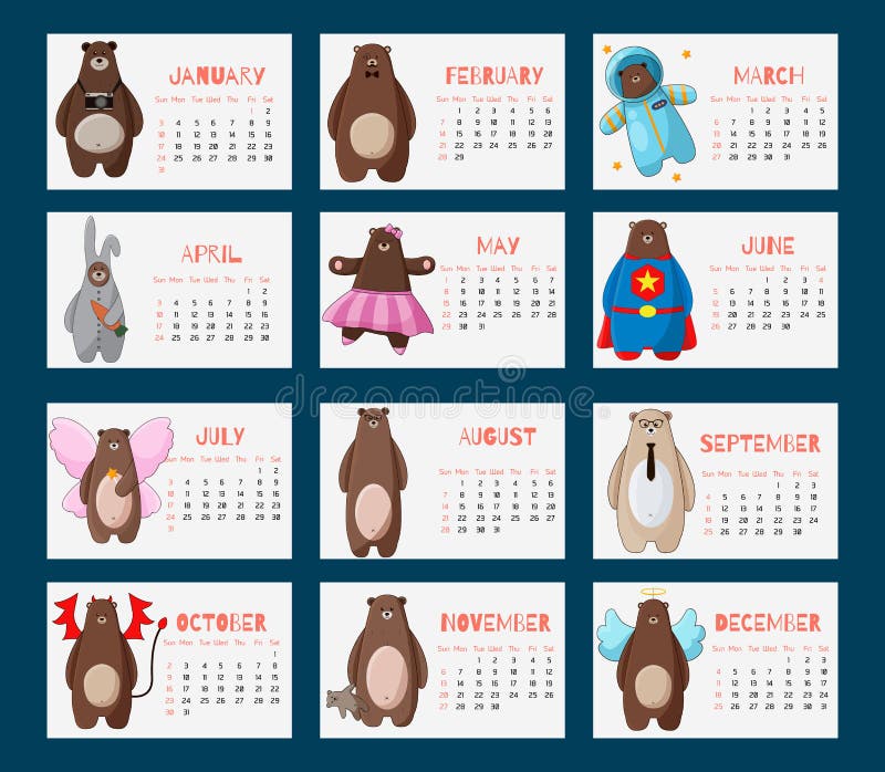 Kalender 2016 med roliga tecknad filmhipsterbjörnar vektor illustrationer Kalender 2016 med roliga tecknad filmhipsterbjörnar vektor illustrationer