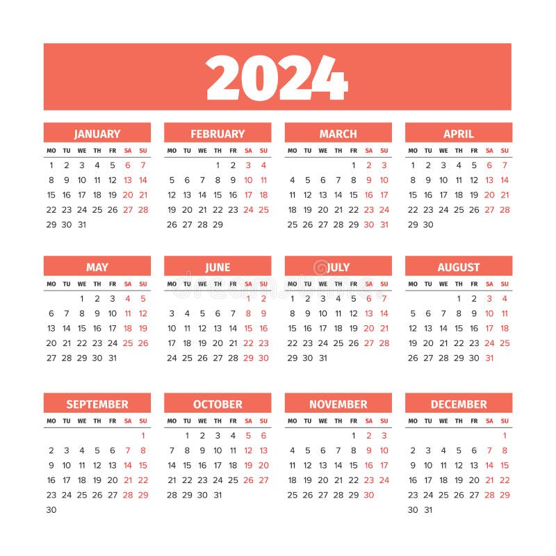 Eenvoudige Het Jaarkalender Van 2024 Vector Illustratie Illustration