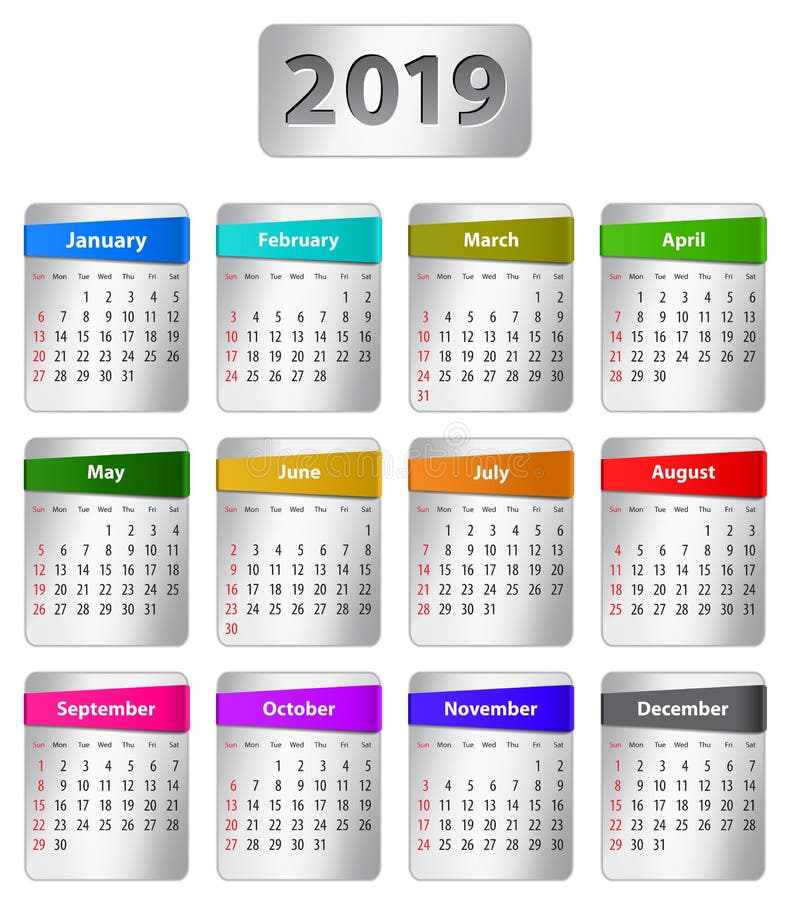 Kalender Mit 2019 Englisch Mit Bunten Aufklebern Vektor Abbildung