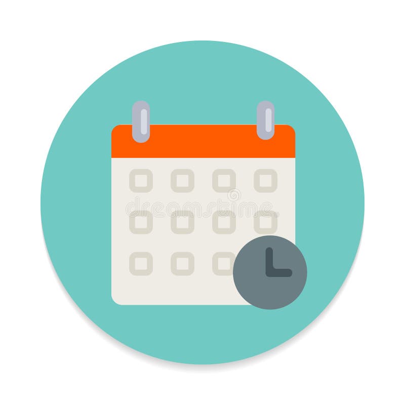 Kalender mit flacher Ikone der Uhr Runder bunter Knopf, Zeitplan, Ereignisdatumskreisvektorzeichen stock abbildung