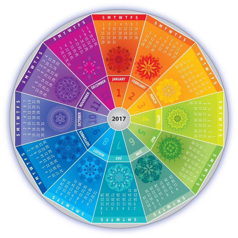 Kalender 2017 Mit Mandalen in Den Regenbogen-Farben Vektor Abbildung 