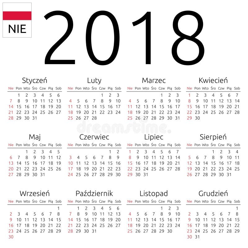 Kalender 2018, Polnisches, Sonntag Vektor Abbildung - Illustration von 