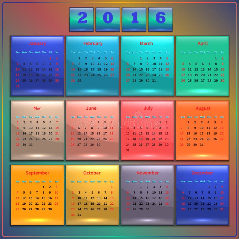 Kalender 2016 Vectorzondag 12 Maanden Vector - Illustration of september, tijdschema: 58999597