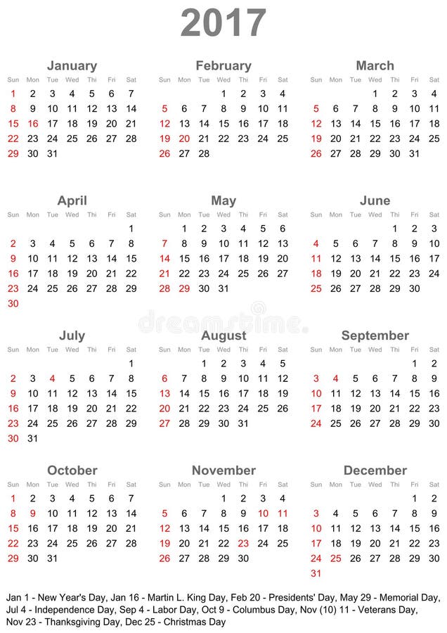 Kalender 2017 Voor De V.S. - Weekbegin Op Zondag - Illustration of ambtenaar, 71915541