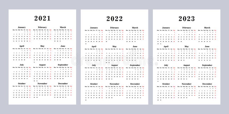 Kalender 2021 2022 2023 Week Begint Op Maandag Vector Illustratie -  Illustration Of Aantal, Ontwerper: 221363264