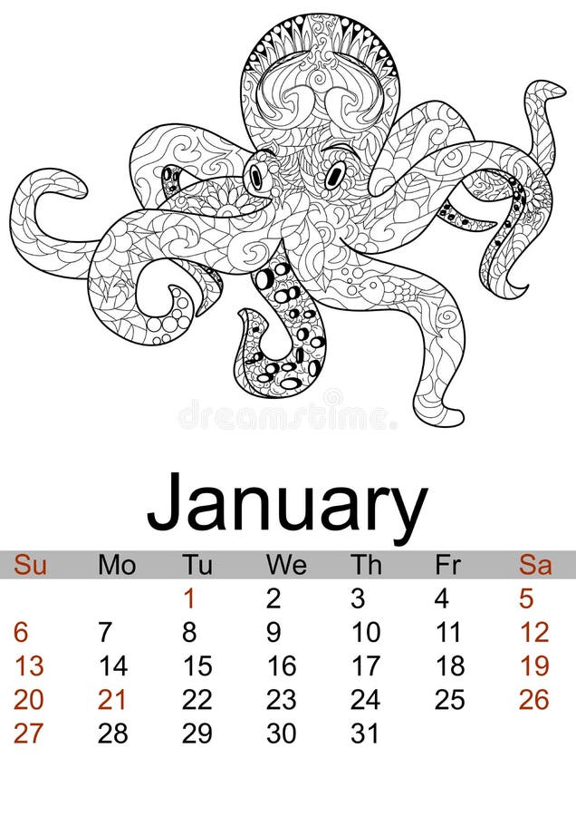 KalenderJanuari 2019 år Antistress färga bläckfisk, havsdjur, molusk vektor stock illustrationer KalenderJanuari 2019 år Antistress färga bläckfisk, havsdjur, molusk vektor stock illustrationer