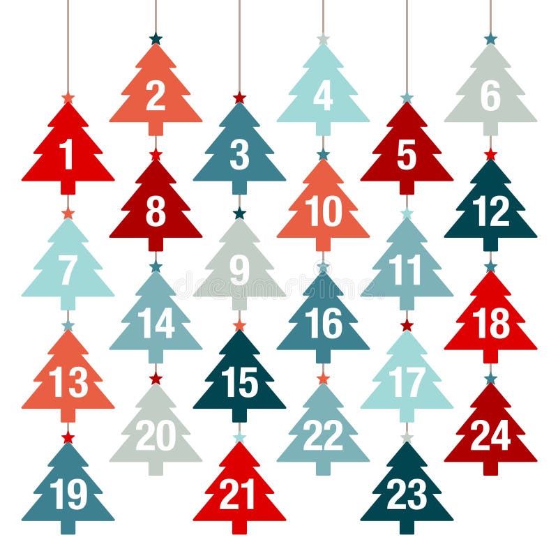 Kalenderkalender met kerstbomen rood en blauw