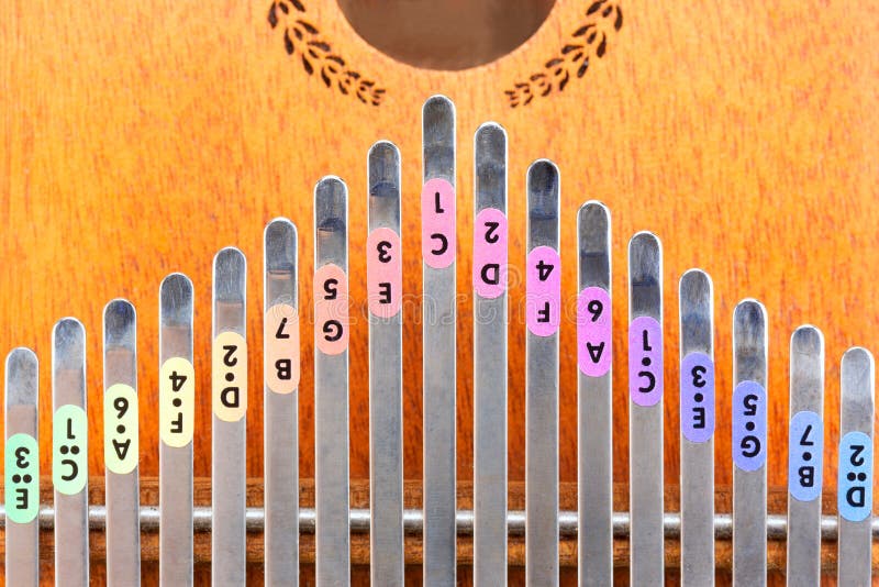 Close up Kalimba or Mbira is an African musical instrument that has colorful label attached on metal tines