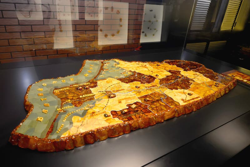 KALININGRAD REGION, RUSSIA. Amber panel  `Map of the Kaliningrad Region` in the museum exhibition. Kaliningrad Amber Plant