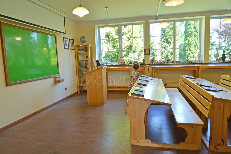 KALININGRAD REGION, RUSSIA. A fragment of the interior of the classroom, modern reconstruction. Museum `Old German School Waldwink royalty free stock images