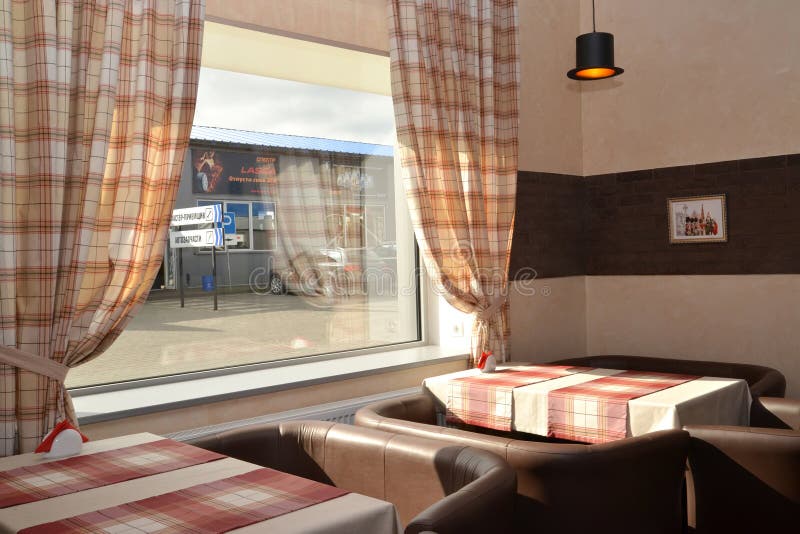 KALININGRAD, RUSSIA. Fragment of an interior of modern cafe with a window royalty free stock images