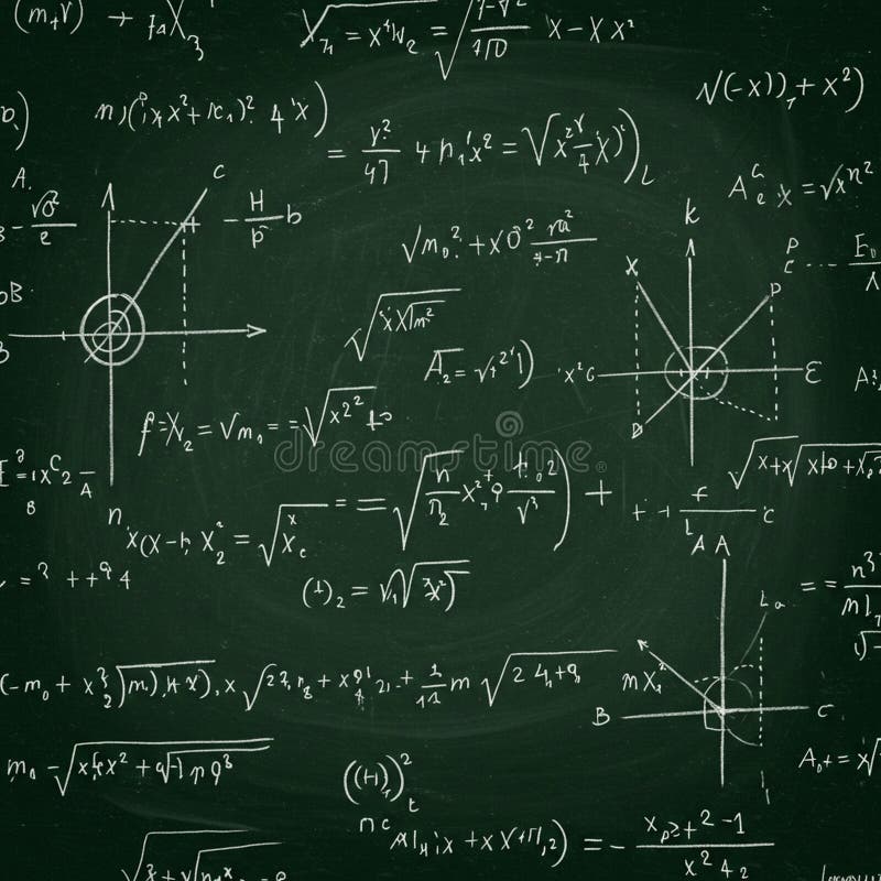Kalkylpanel fylld med olika matematiska och geometriska ekvationer och diagram stock illustrationer