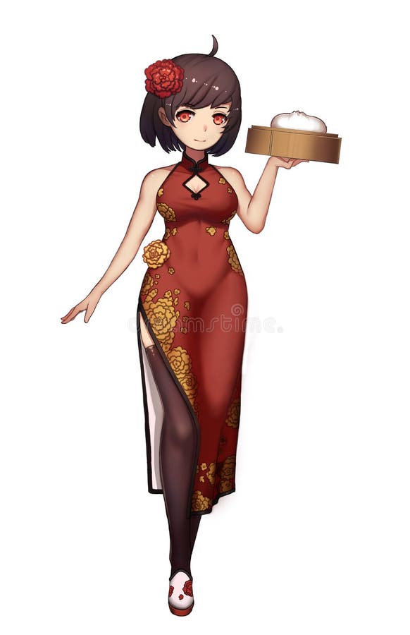 Kall teckenserie: Manga Chinese Girl med slitskjolen som isoleras på vit bakgrund vektor illustrationer Kall teckenserie: Manga Chinese Girl med slitskjolen som isoleras på vit bakgrund vektor illustrationer