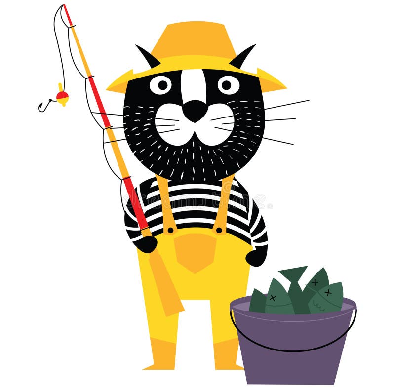 Kall tecknad filmkatt som fiskare med hinken av fiskar och fishin stock illustrationer Kall tecknad filmkatt som fiskare med hinken av fiskar och fishin stock illustrationer