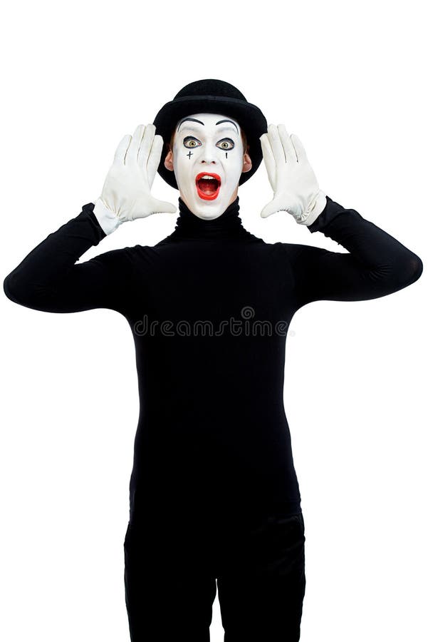 Male mime artist is shouting or calling someone. Isolated over white. Male mime artist is shouting or calling someone. Isolated over white.