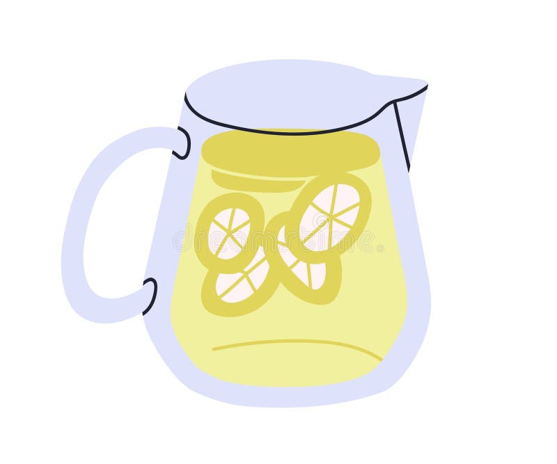 Kalldryck med citronskivor, smaksatt vatten i glasjug. Rensa sommardryckens citonad i pitcher. Naturlig stock illustrationer