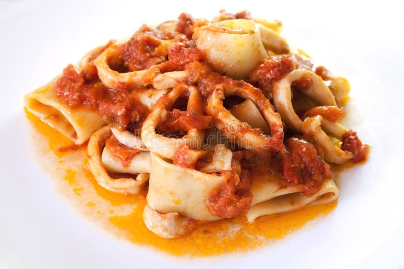 Kalmar, Kalmarteigwaren und Tomatensauce stockbild Kalmar, Kalmarteigwaren und Tomatensauce stockbild