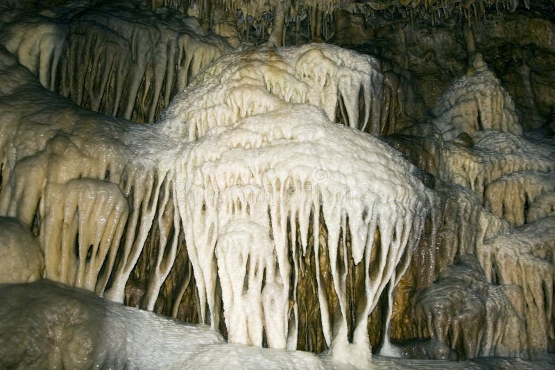 White calcite appears to drip down the walls in Smoke Hole Caverns, WV. White calcite appears to drip down the walls in Smoke Hole Caverns, WV.