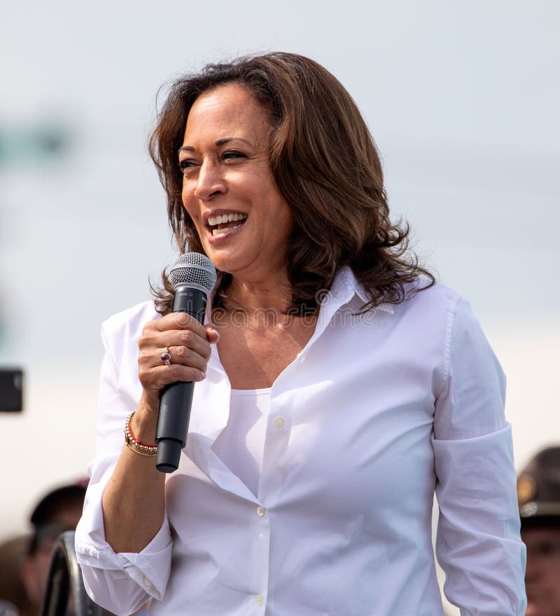 Des Moines, Iowa / USA - August 10, 2019: United States Senator and Democratic presidential candidate Kamala Harris greets supporters at the Iowa State Fair political soapbox in Des Moines, Iowa