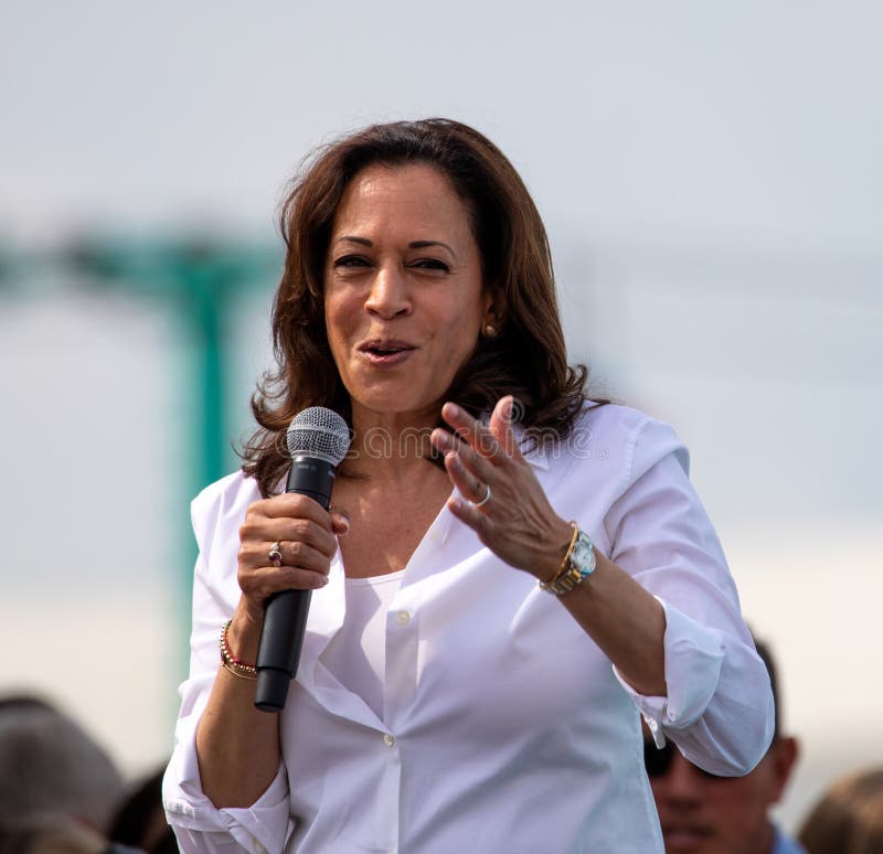 Des Moines, Iowa / USA - August 10, 2019: United States Senator and Democratic presidential candidate Kamala Harris greets supporters at the Iowa State Fair political soapbox in Des Moines, Iowa