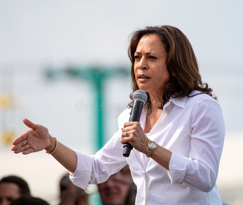 Des Moines, Iowa / USA - August 10, 2019: United States Senator and Democratic presidential candidate Kamala Harris greets supporters at the Iowa State Fair political soapbox in Des Moines, Iowa