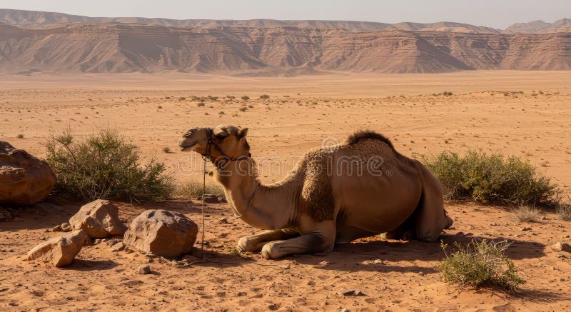 Kamel in Arid Wüstenlandschaft mit abgelegenen Felsgebirgen stock abbildung