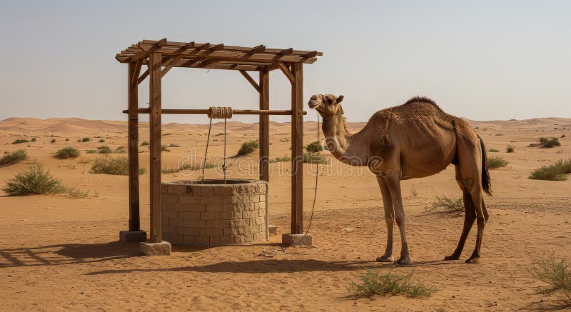 Kamel in der Nähe von Wasser gut in Wüstenlandschaft mit Sand lizenzfreie abbildung