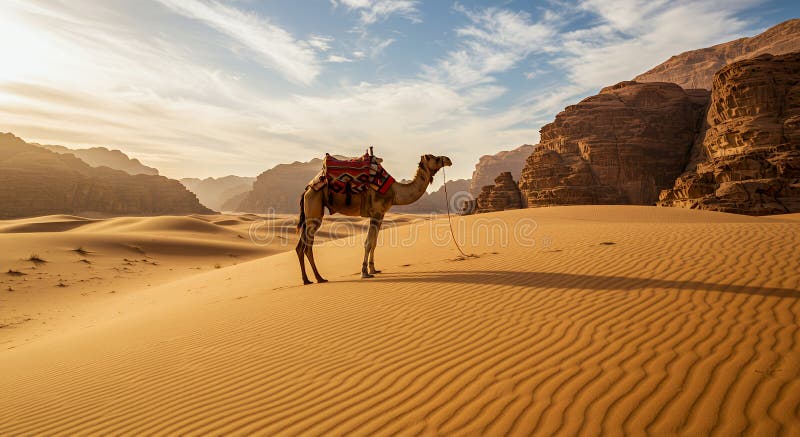 Kamel in der Wadi Rum Wüste mit Sanddünen und Klippen vektor abbildung