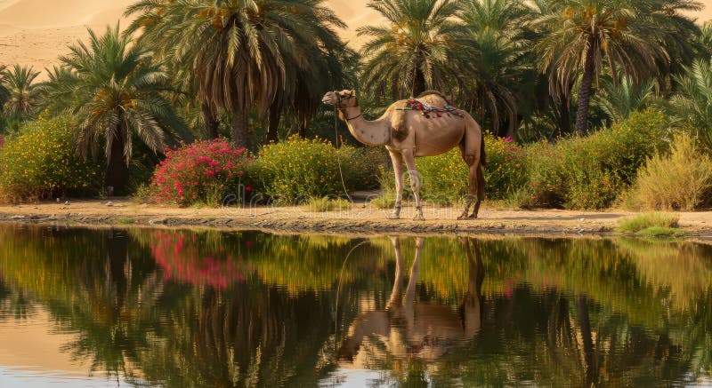 Kamel an der Wüstenoase mit Palmenbäumen im Wasser lizenzfreie abbildung