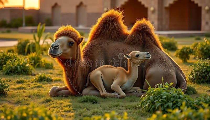 Kamel mit Baby Kamel in warmen Licht auf grünem Gras stock abbildung