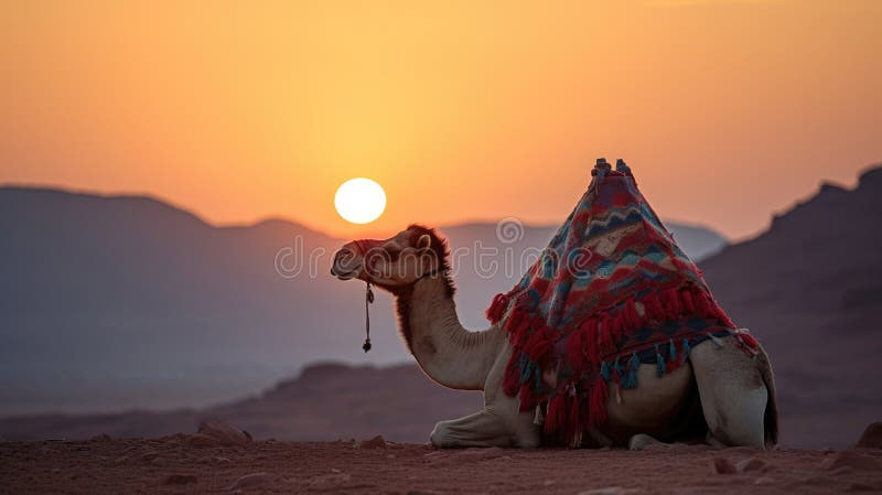 Kamel ruht bei Sonnenuntergang lizenzfreie abbildung