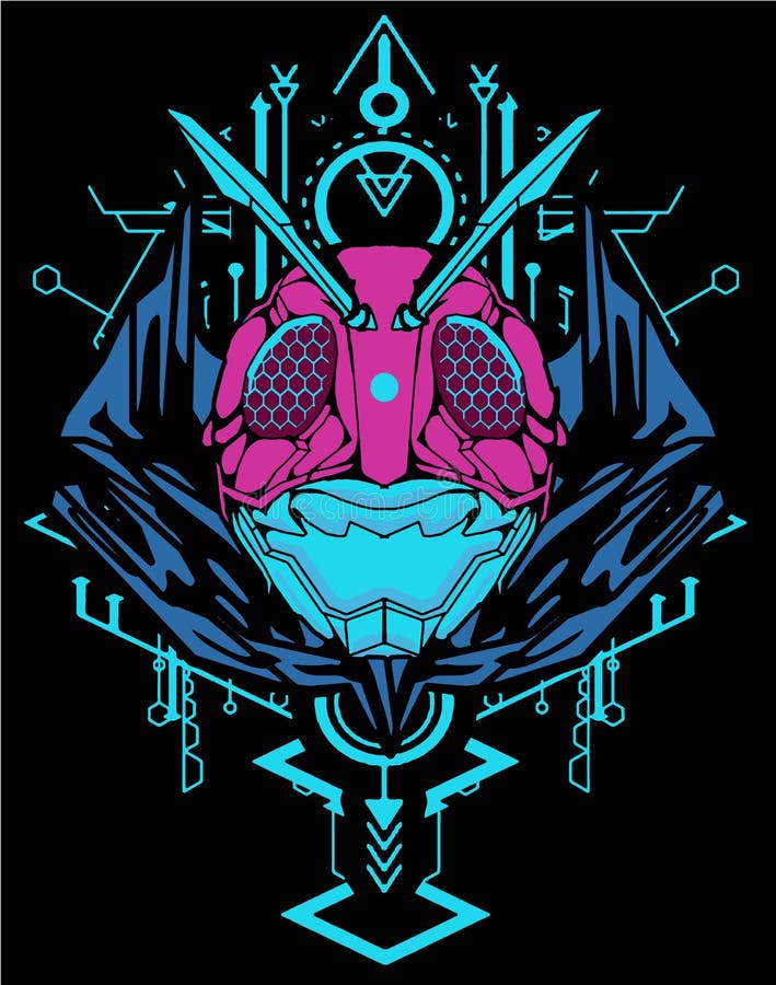Kamen raider picture from front face and blue sacred geometry background vector illustration