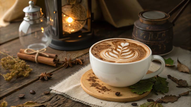 Kamera powiększa pięknie urządzoną latte kubek pokazujący wspaniały wir bogatej mochy i ciepłej śmietany. fotografia royalty free